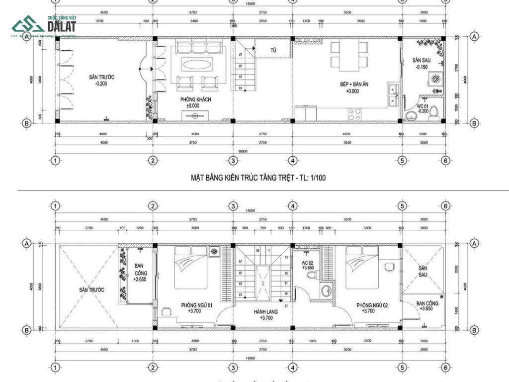 Bản vẽ mặt bằng thể hiện các tầng của ngôi nhà từ trên xuống