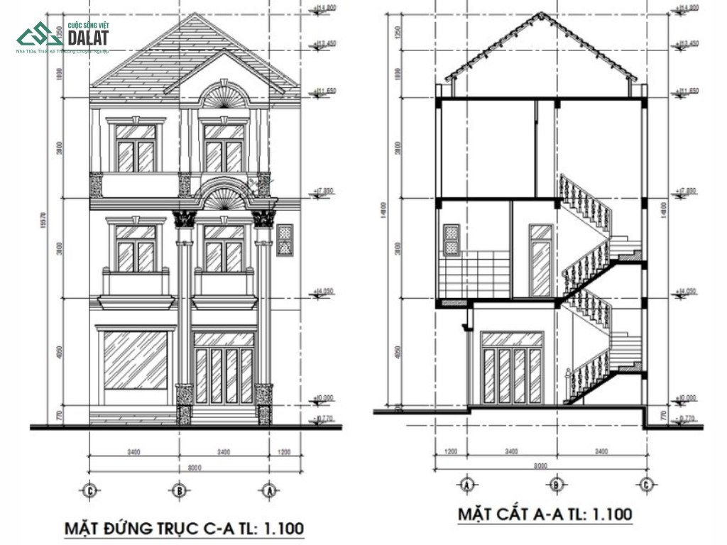 Bản vẽ mặt đứng thể hiện các nội dung mặt bên ngoài ngôi nhà