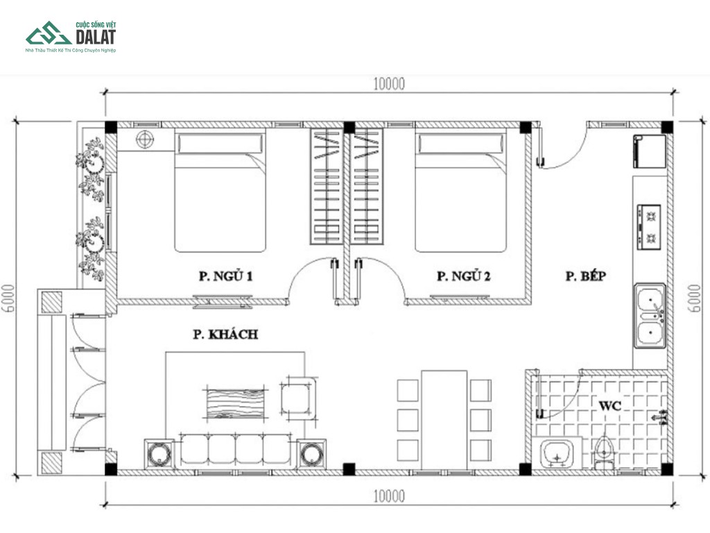 Bản vẽ nhà ống 2 tầng diện tích 70m2