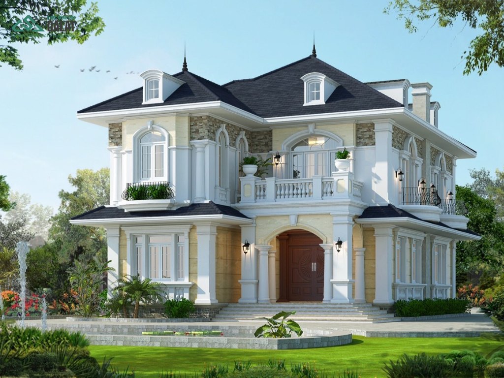 Mẫu nhà vườn mái Thái 2 tầng đẹp được bao phủ bởi cây xanh