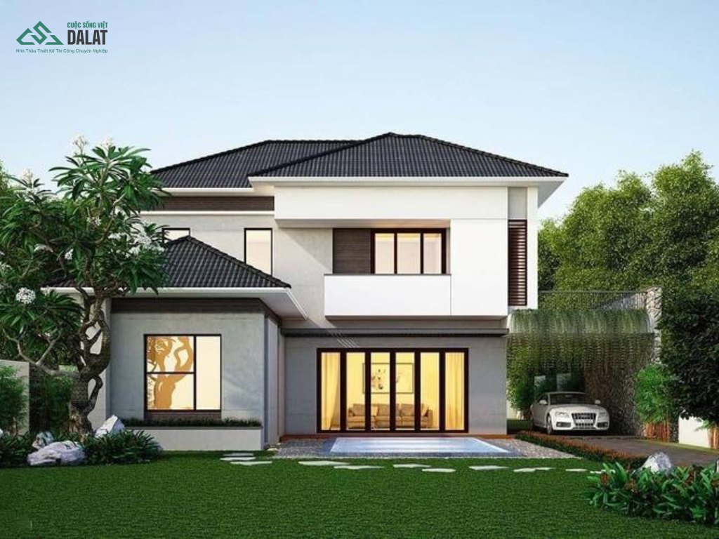 Mẫu nhà vườn 2 tầng đẹp mái Nhật có sân vườn xanh mát