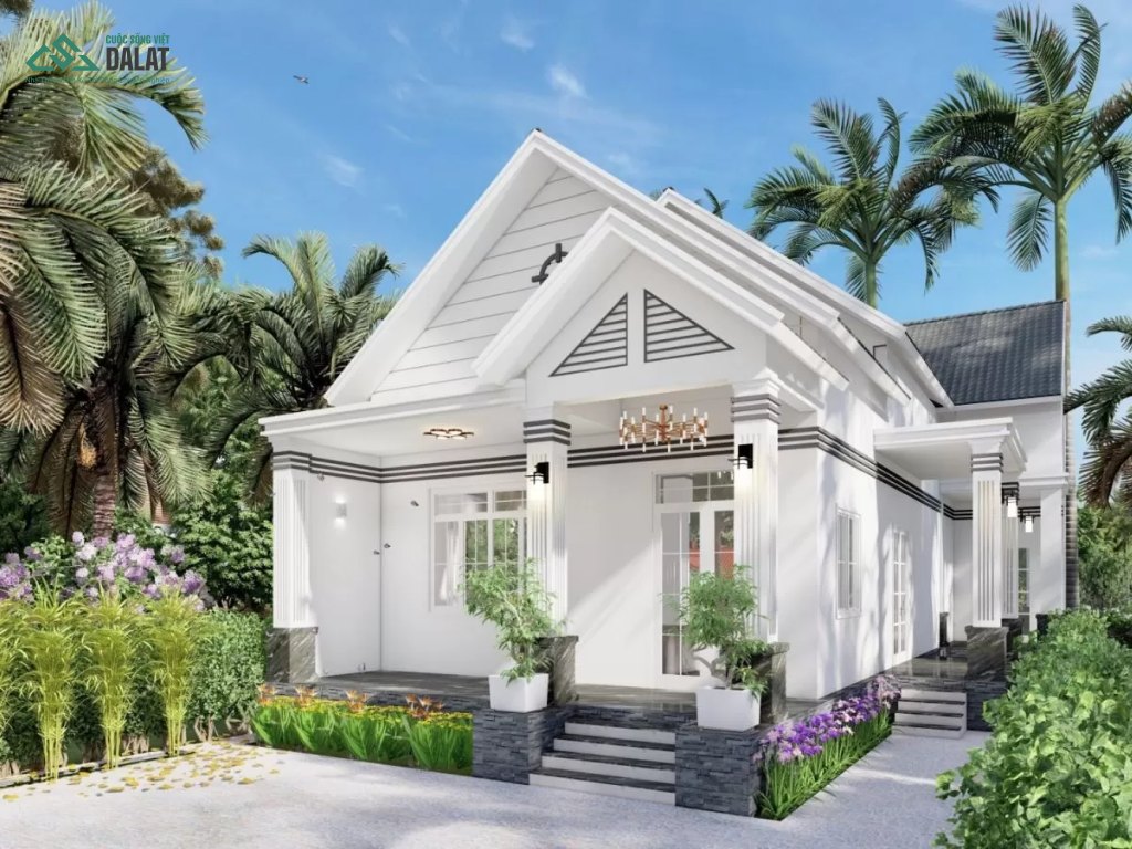 Mẫu nhà vườn mái Thái 1 tầng có tone màu trắng tinh tế