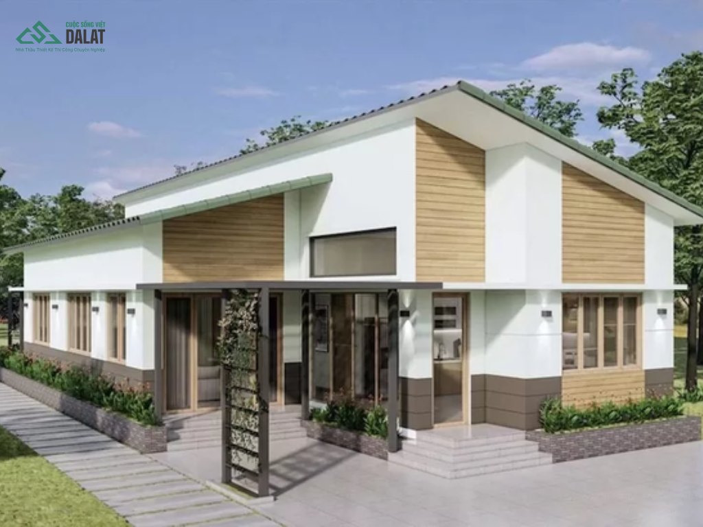 Thiết kế nhà vườn cấp 4 nông thôn đẹp với thiết kế mái xéo độc đáo