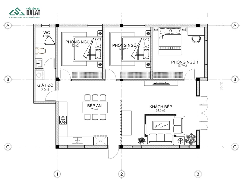 Bản vẽ nhà vườn cấp 4 mái tôn 1 phòng ngủ chi tiết