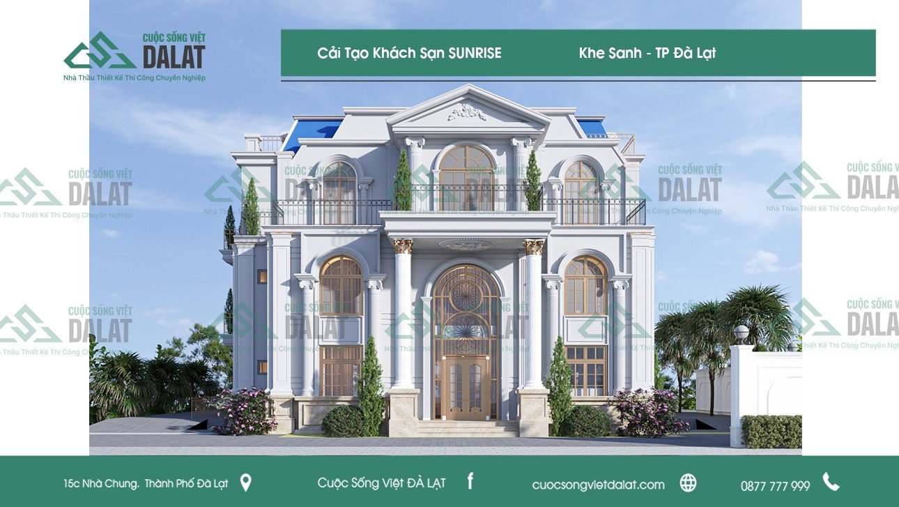 Sunrise Hotel nổi bật với mặt tiền tinh giản, hiện đại giữa lòng phố núi