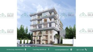 Từ trên cao nhìn xuống, công trình nổi bật giữa khu dân cư với hình khối gọn gàng