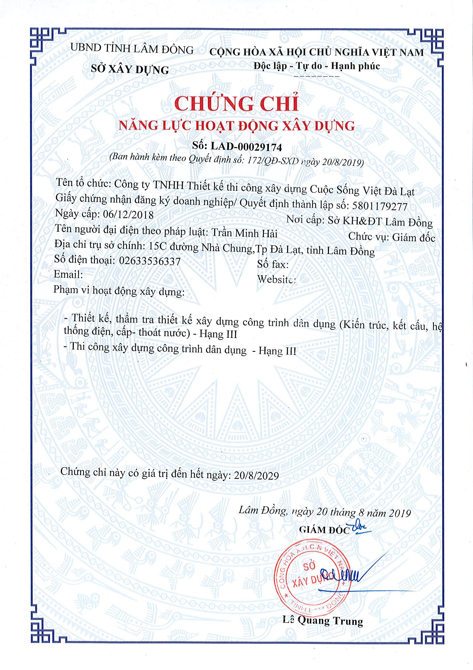 Chứng chỉ năng lực hoạt động xây dựng Cuộc Sống Việt Đà Lạt