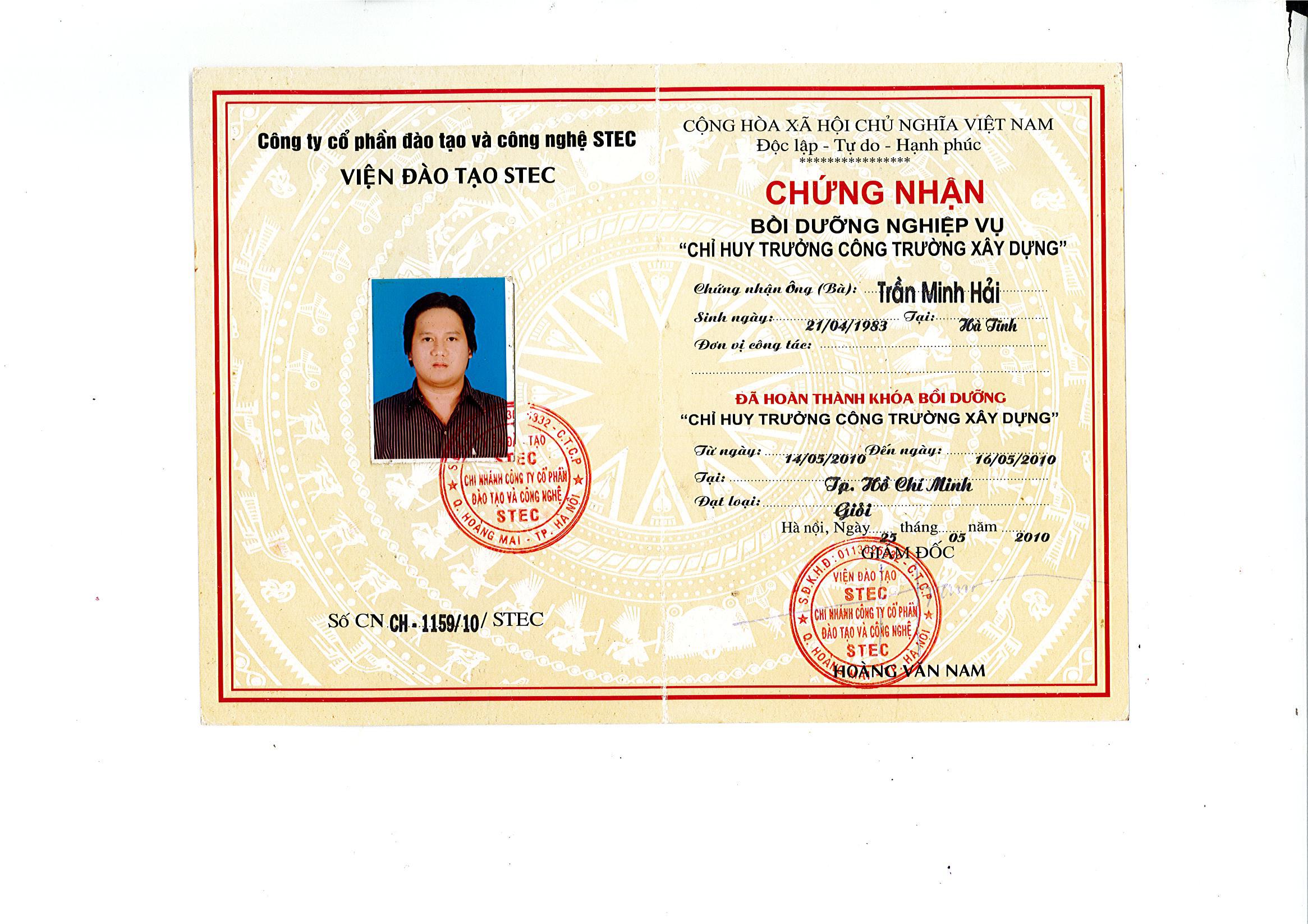 Chứng nhận bồi dưỡng nghiệp vụ chỉ huy trưởng công trường xây dựng