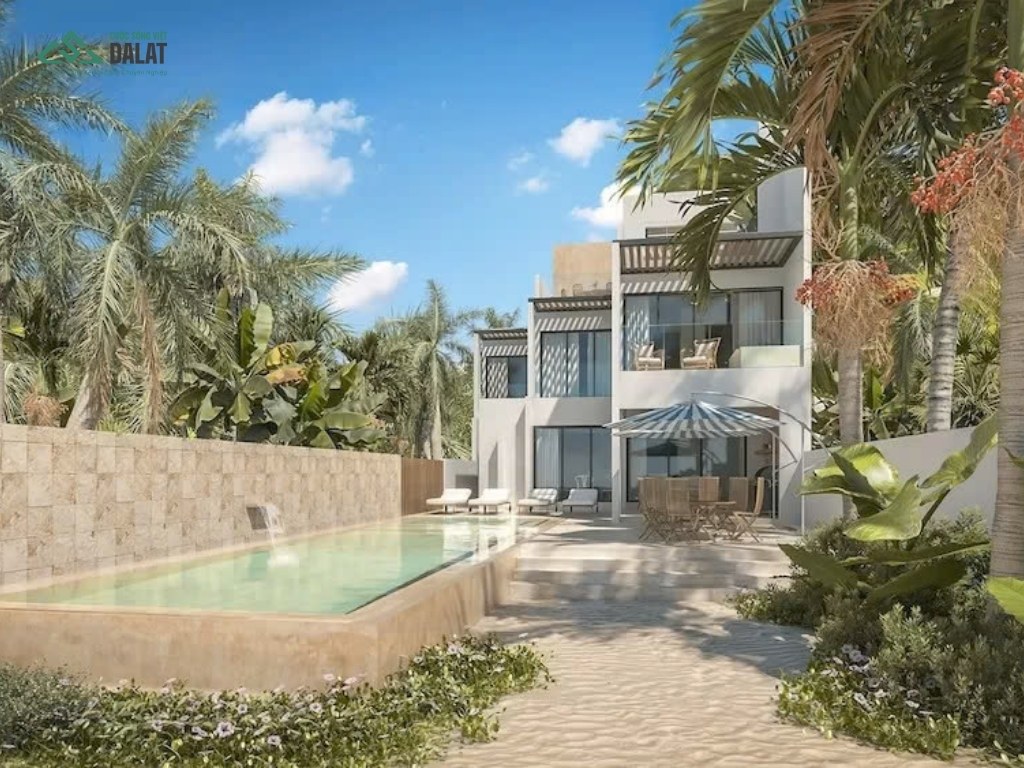 Nhà vườn 2 tầng chữ L mái bằng