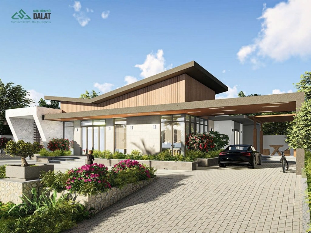 Nhà vườn có gara ô tô mái bằng