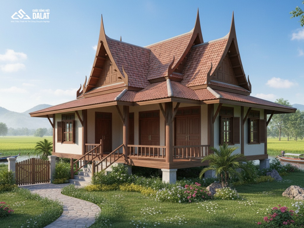 Mẫu nhà mái Thái cấp 4 ở nông thôn 2 phòng ngủ